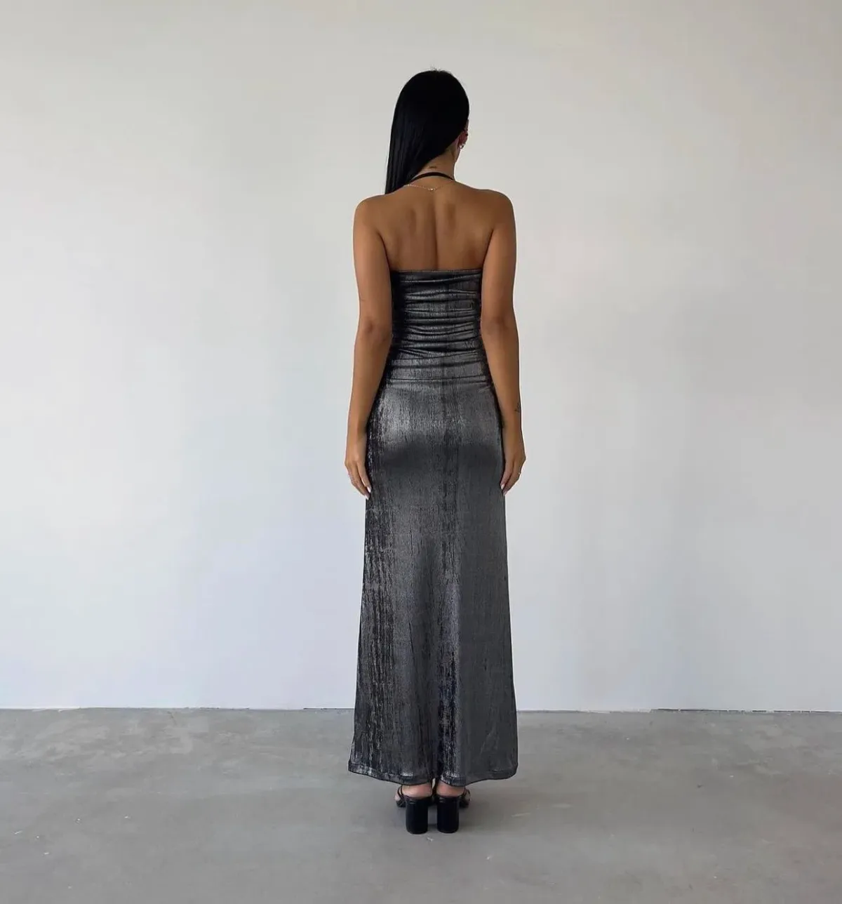 Diesel Metallic Ruched Halterneck Gown Gunmetal Grey Silver Size 6 - Image 3