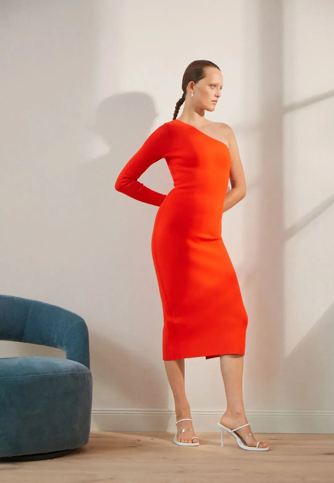 Victoria Beckham Body One Shoulder Midi Dress Red Orange Size 10 for rent on The Volte - main image