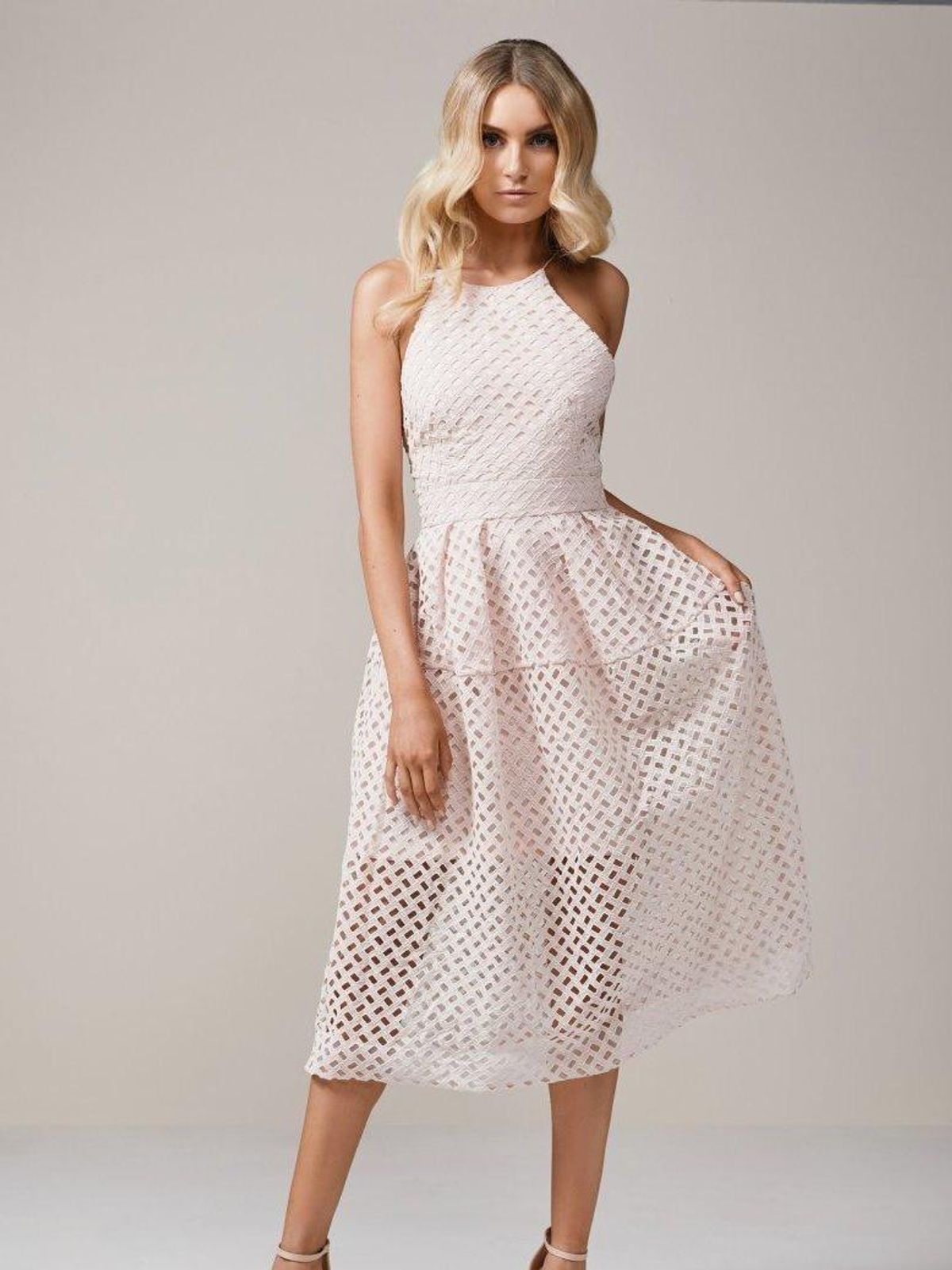 NICHOLAS Lattice Lace Tuck Ball Dress Blush Sz 6 - Image 1