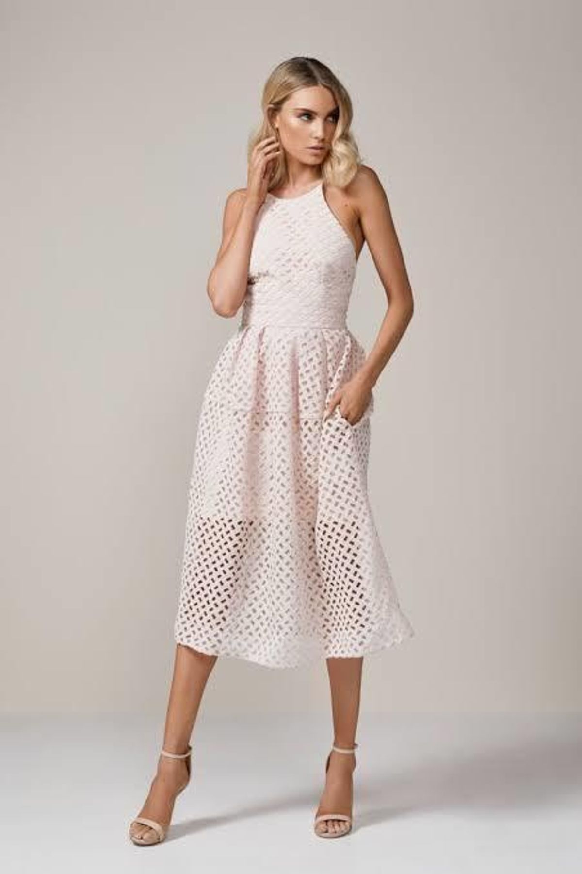 NICHOLAS Lattice Lace Tuck Ball Dress Blush Sz 6 - Image 2