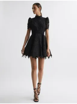 Leo Lin Elise Lace Short Sleeve Mini Dress Ebony Black Size AU 12 for rent on The Volte - image 1