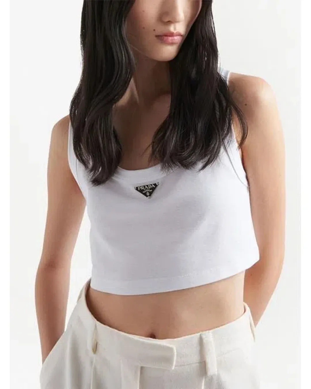 Prada Logo Cotton Jersey Cropped Tank White Size 42/Au 10 for rent on The Volte - main image