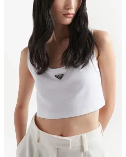 Prada Logo Cotton Jersey Cropped Tank White Size 42/Au 10 for rent on The Volte - image 1