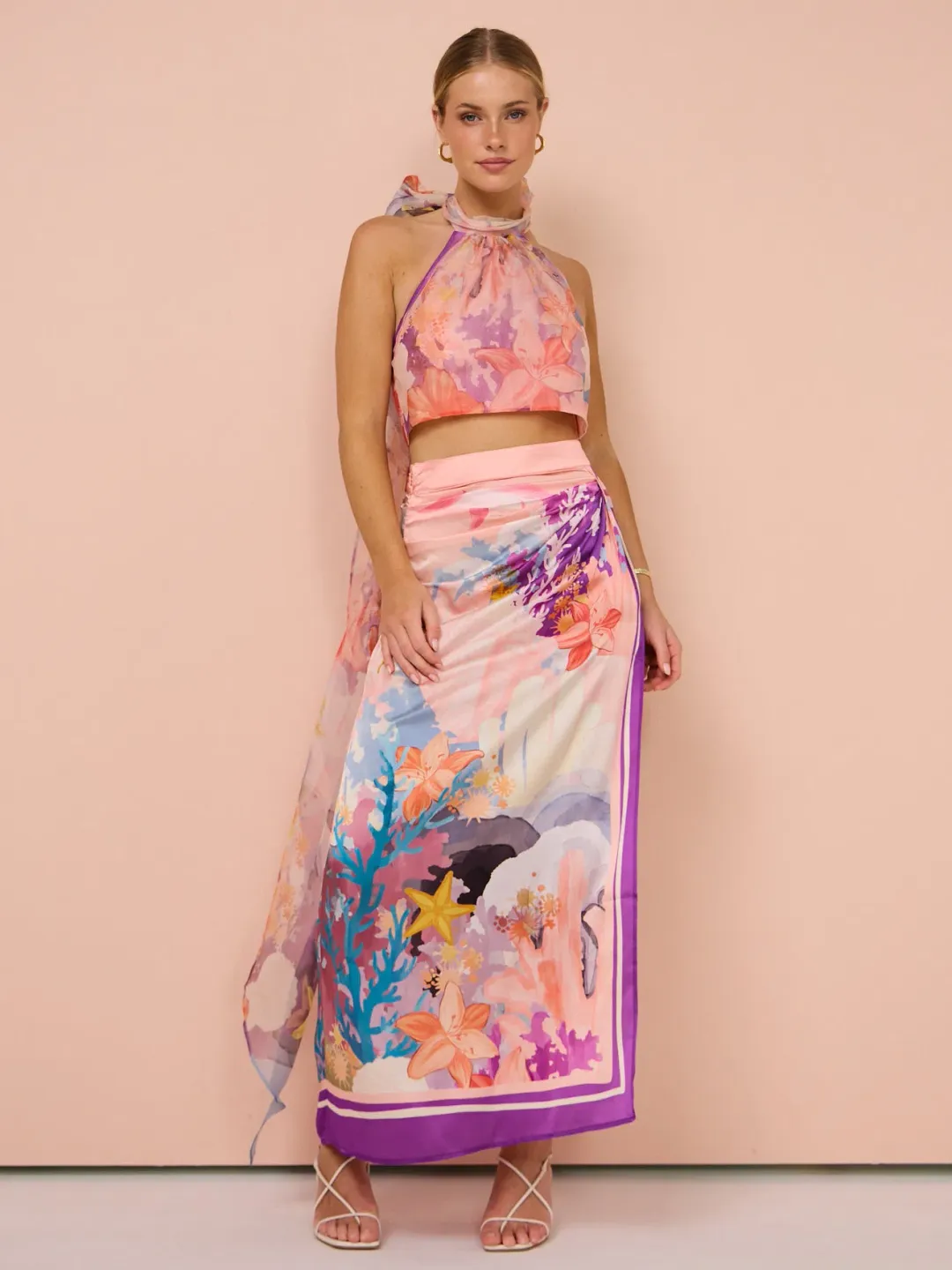 LEO LIN Evie/Estella Wrap Midi Skirt in Neptune Print in Coral Size 8 for rent on The Volte - main image