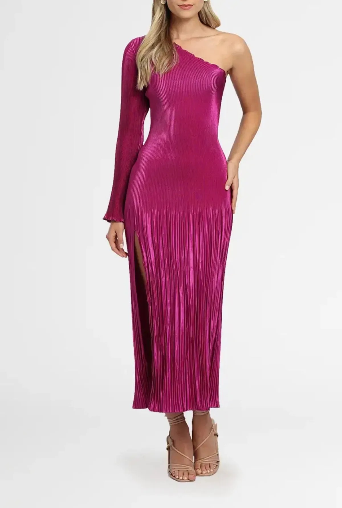 L’idée Soirée One Shoulder Long Sleeve Dress in Magenta Pink Size AU 8 - Image 6