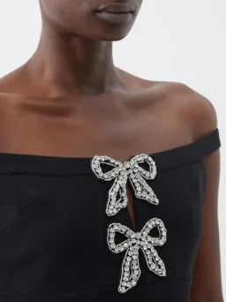 Self-Portrait Off Shoulder Crystal Embellished Bow Tie Crepe Mini Dress Black Size 8 for rent on The Volte - image 2