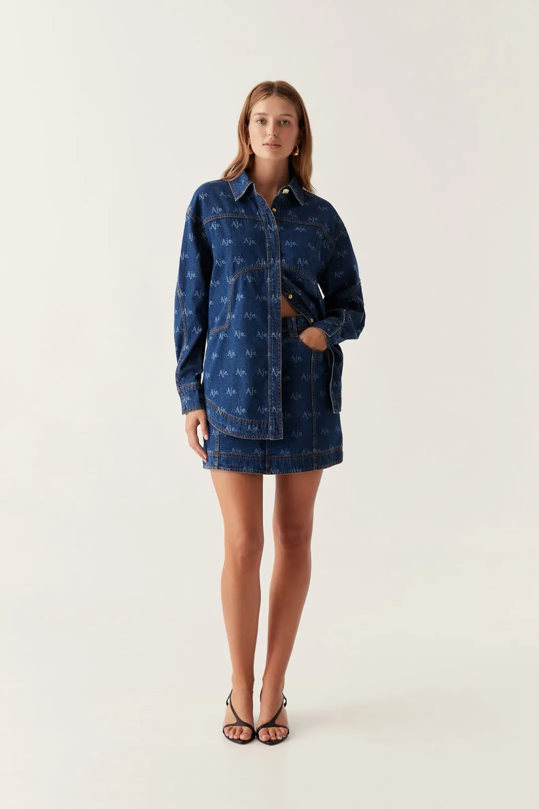 Aje Ratio Logo Denim Shirt and Mini Skirt Set Logo Wash Blue Size 16 for rent on The Volte - main image