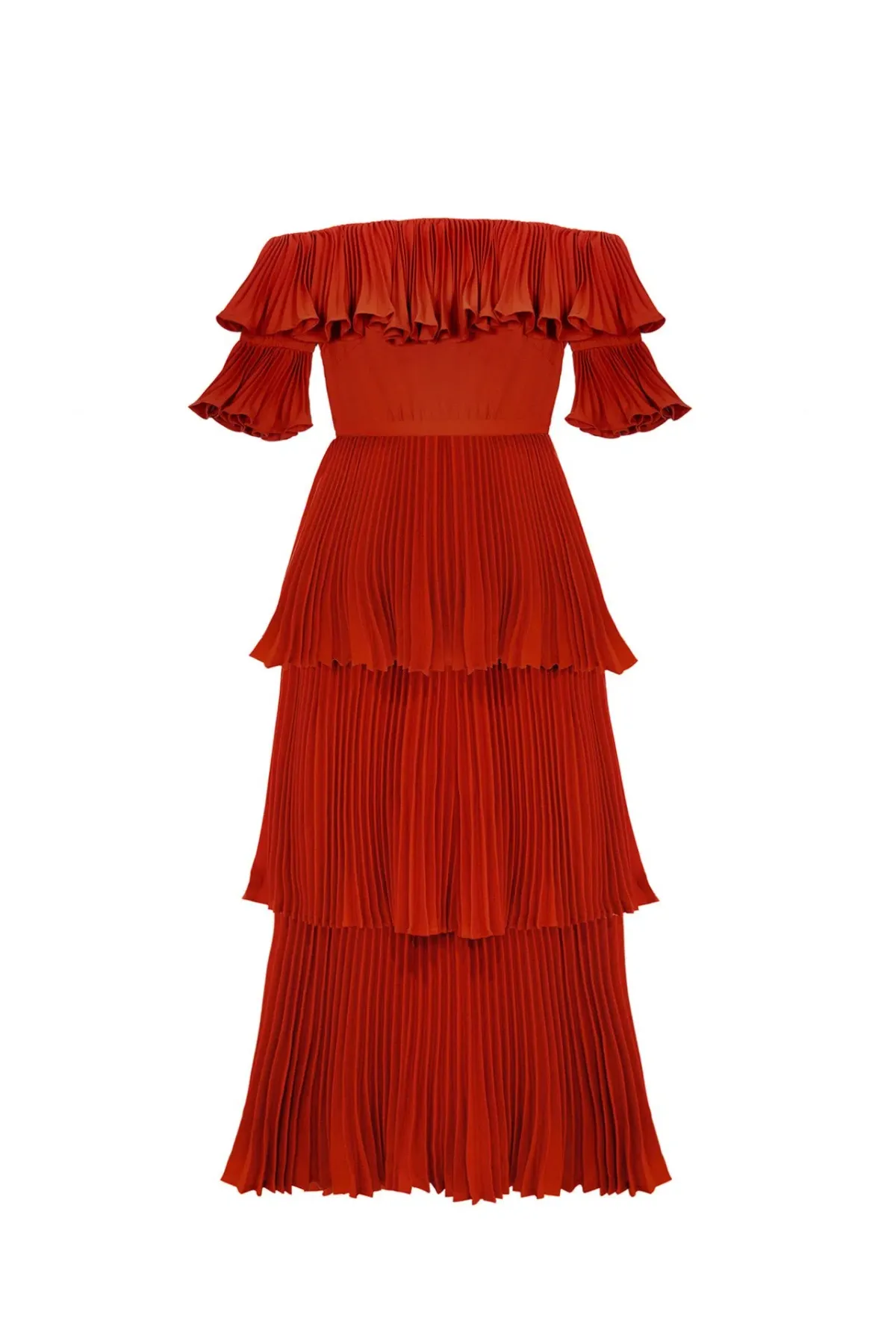 Self Portrait Flounced Off the Shoulder Pleated Maxi Dress Crimson Red Size 6 - Image 3