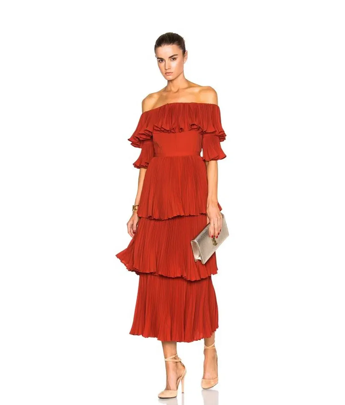 Self Portrait Flounced Off the Shoulder Pleated Maxi Dress Crimson Red Size 6 - Image 1
