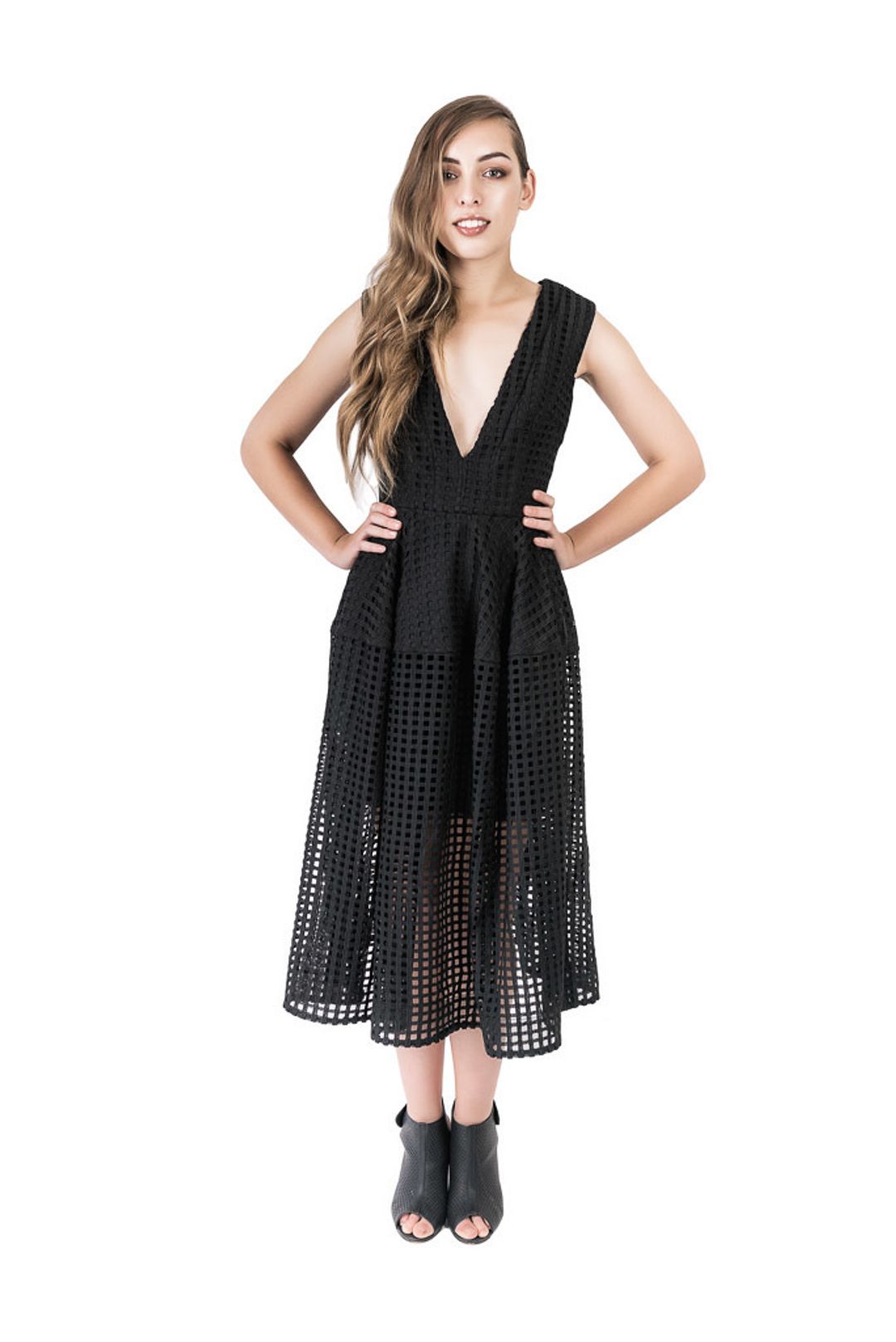 Nicholas Grid Lace Deep V Ball Dress Black Size 6 for rent on The Volte - main image