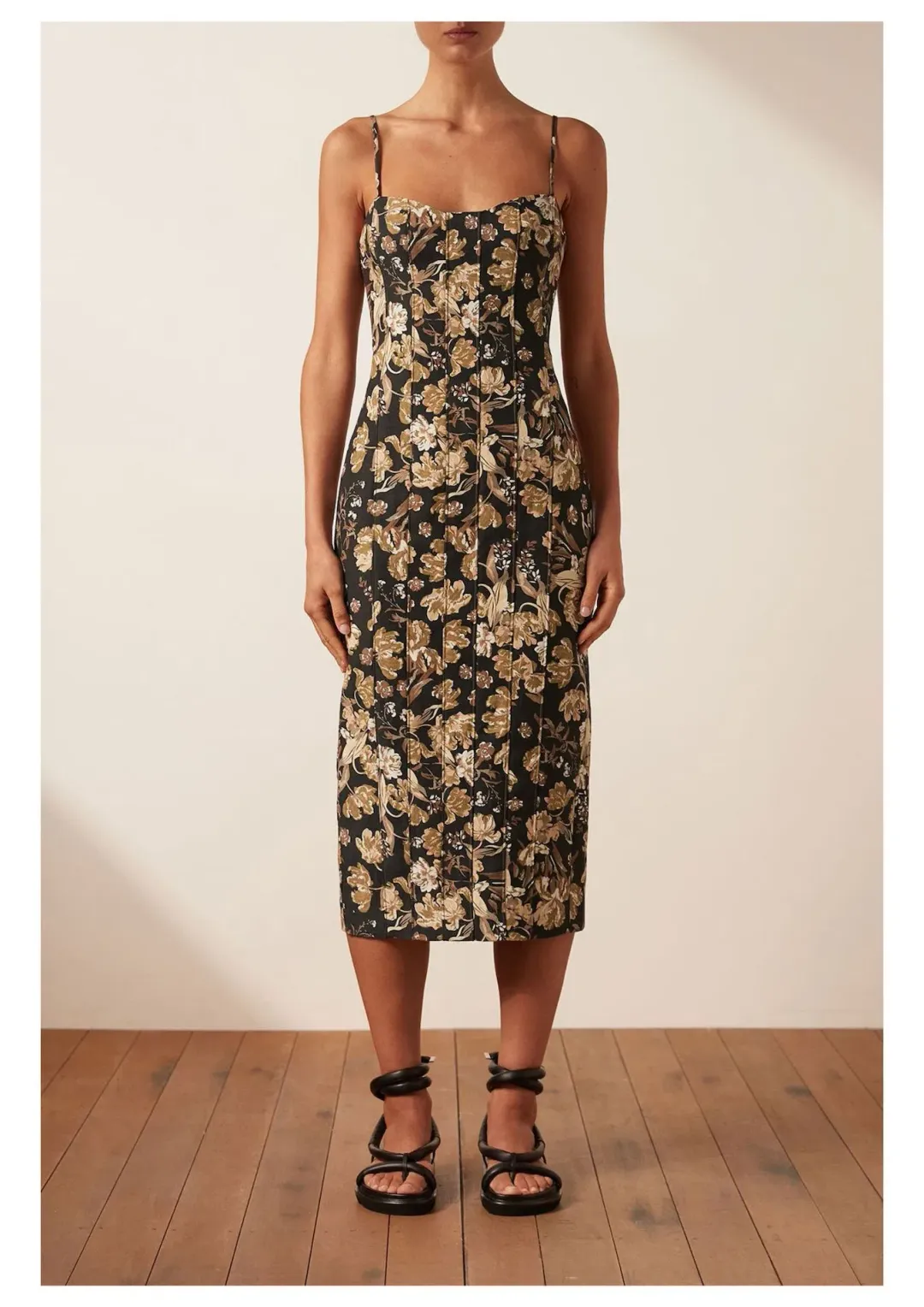 Shona Joy Palermo Linen Fitted Midi Dress Black/Multi Floral Size 10 for rent on The Volte - main image