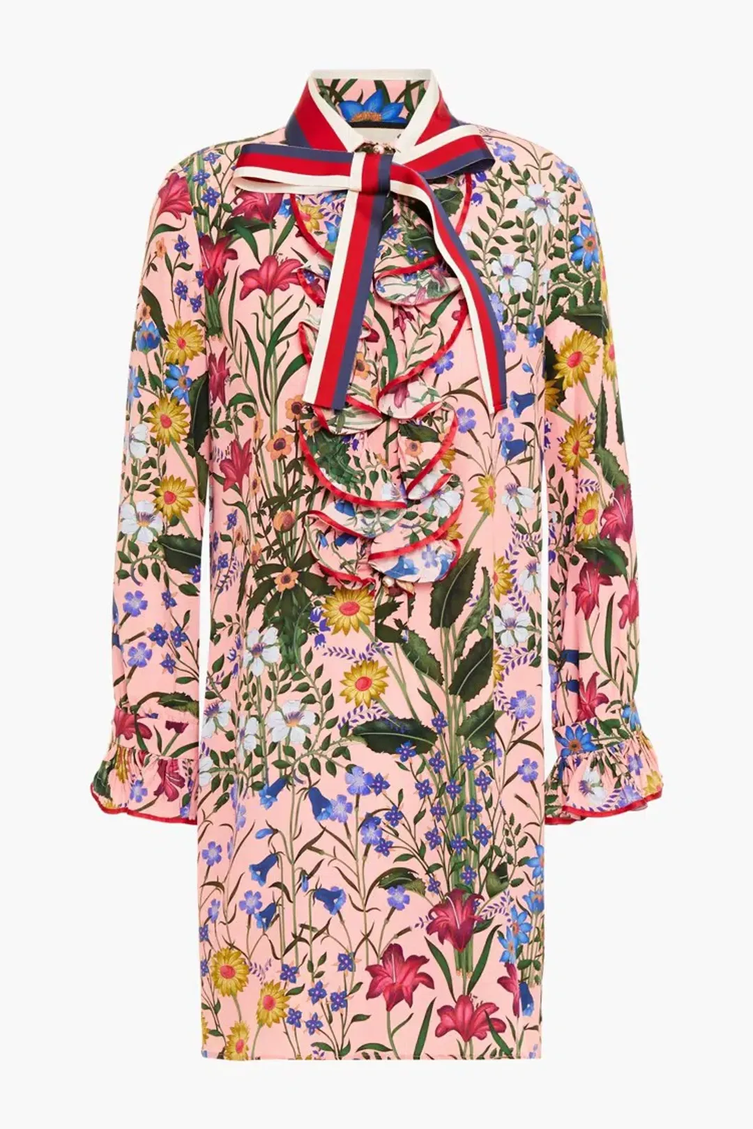 Gucci Ruffled Floral-print Silk Crepe De Chine Mini Dress In Blush Size XS/Au 8 for rent on The Volte - main image