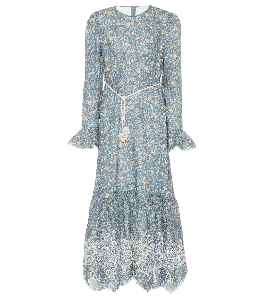 Zimmermann Carnaby Belted Broderie Anglaise-trimmed Floral-print Linen Midi Dress In Blue Print Size 14 for rent on The Volte - main image