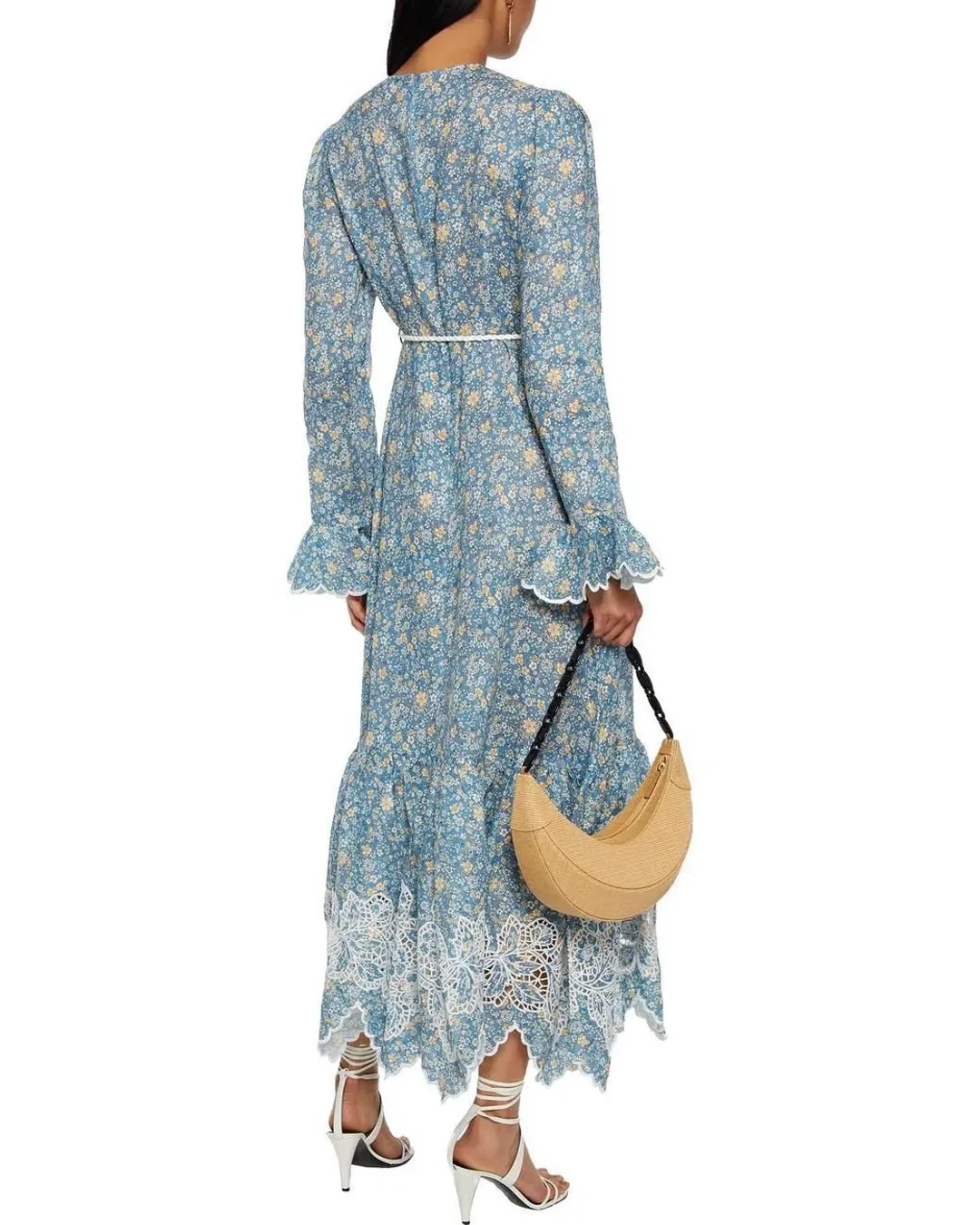 Zimmermann Carnaby Belted Broderie Anglaise-trimmed Floral-print Linen Midi Dress In Blue Print Size 14 for rent on The Volte - main image
