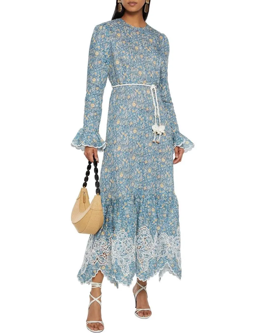 Zimmermann Carnaby Belted Broderie Anglaise-trimmed Floral-print Linen Midi Dress In Blue Print Size 14 for rent on The Volte - main image