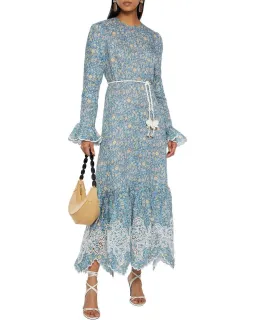 Zimmermann Carnaby Belted Broderie Anglaise-trimmed Floral-print Linen Midi Dress In Blue Print Size 14 for rent on The Volte - image 1