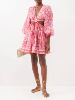 Zimmermann Halcyon Tie Front Mini Dress in Pink/Purple Paisley Size 1 / AU 10 for rent on The Volte - image 1