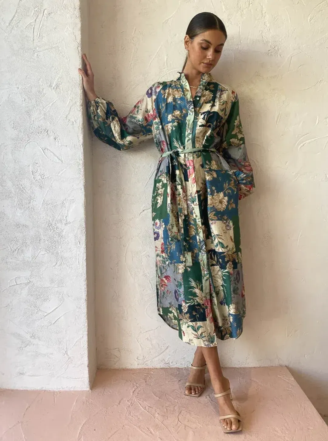 Alemais Loretta Patchwork Shirtdress In Sage Floral Size 16 for rent on The Volte - main image