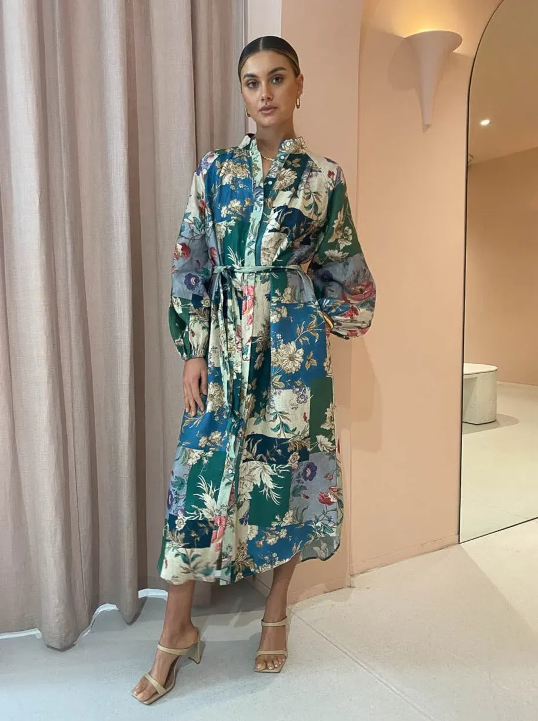 Alemais Loretta Patchwork Shirtdress In Sage Floral Size 16 for rent on The Volte - main image