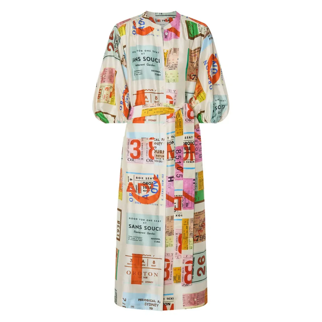 Oroton Ticket Print Shirt Midi Dress Multi Print Size 16 for rent on The Volte - main image