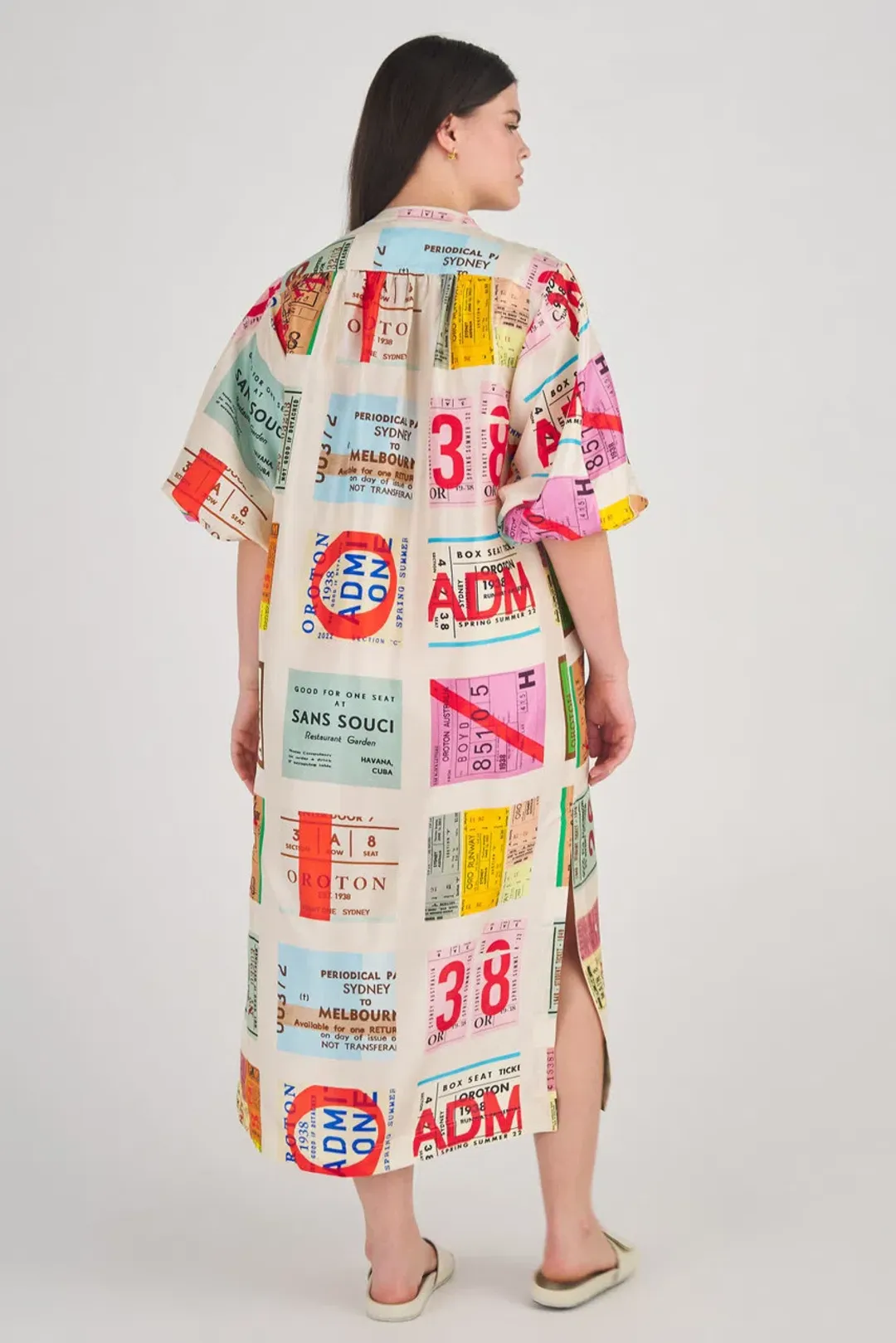 Oroton Ticket Print Shirt Midi Dress Multi Print Size 16 for rent on The Volte - main image