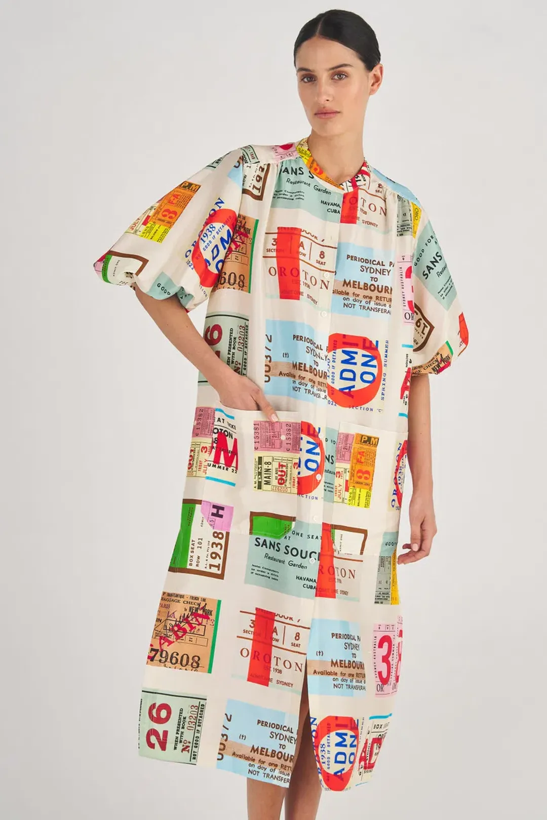 Oroton Ticket Print Shirt Midi Dress Multi Print Size 16 for rent on The Volte - main image