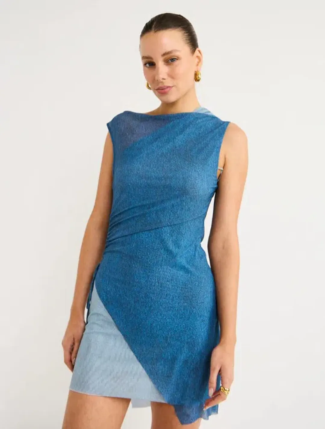 Bec & Bridge Hayden Asym Mesh Mini Dress Spliced Denim Blue Size AU 10 for rent on The Volte - main image