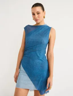 Bec & Bridge Hayden Asym Mesh Mini Dress Spliced Denim Blue Size AU 10 for rent on The Volte - image 4