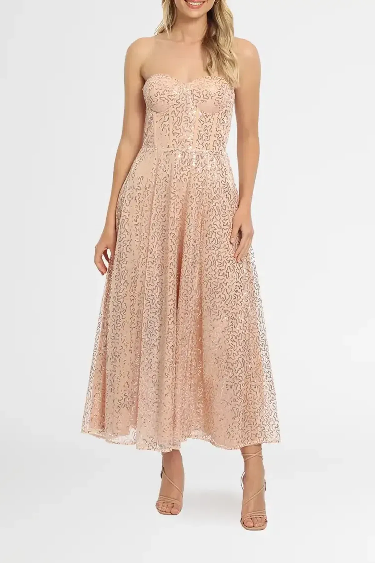 Elle Zeitoune Lana Bustier Midi Dress in Rose Gold Size 12 - Image 2