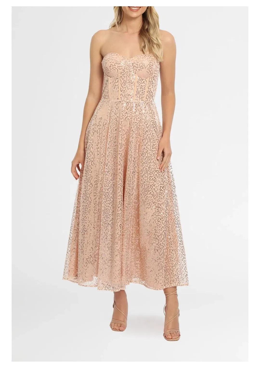 Elle Zeitoune Lana Bustier Midi Dress in Rose Gold Size 16 for rent on The Volte - main image