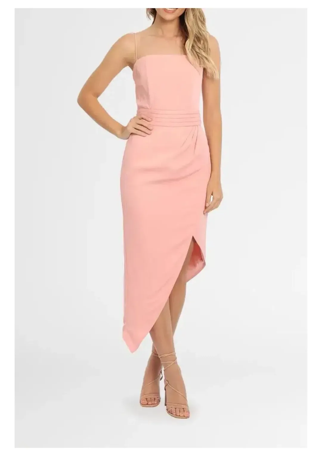 Elle Zeitoune Asymmetrical Split Midi Dress in Blush Pink Size 8 for rent on The Volte - main image