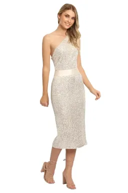 Elle Zeitoune Allene Sequin One Shoulder Midi Dress in Silver Size 10 for rent on The Volte - image 4
