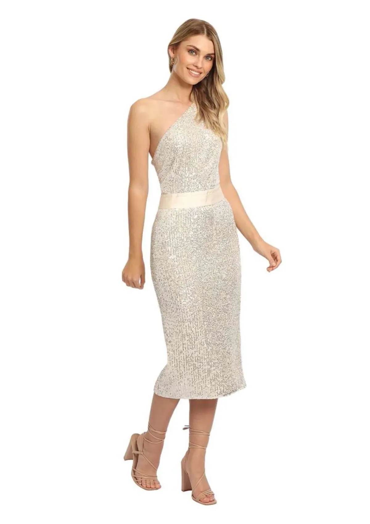 Elle Zeitoune Allene Sequin One Shoulder Midi Dress in Silver Size 10 for rent on The Volte - main image