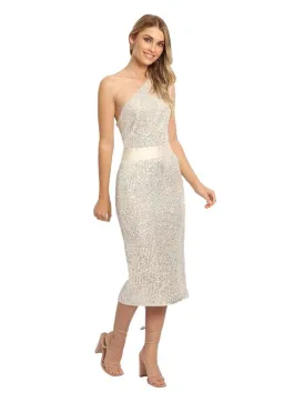 Elle Zeitoune Allene Sequin One Shoulder Midi Dress in Silver Size 10 for rent on The Volte - image 1