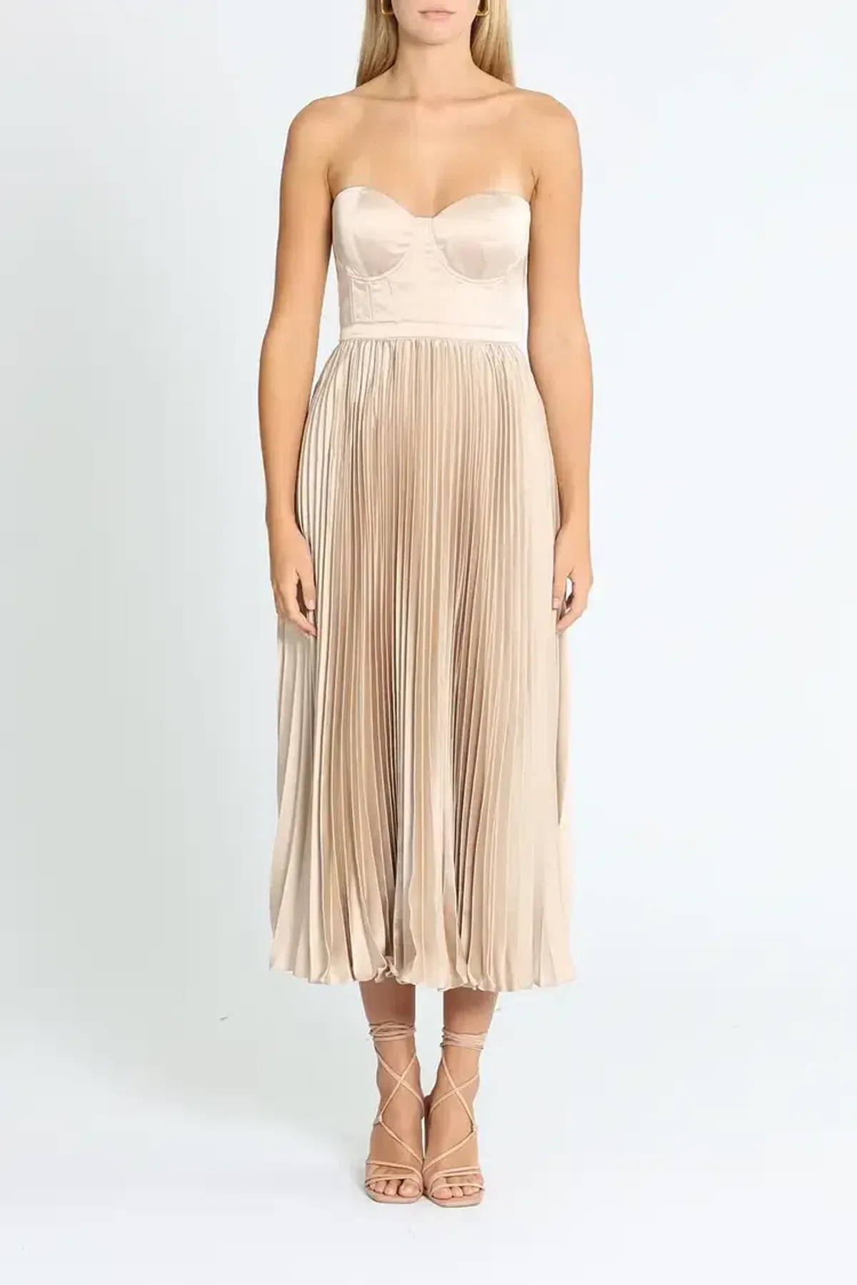 Elle Zeitoune Fluid Pleated Midi Dress in Champagne Size 8 - Image 1