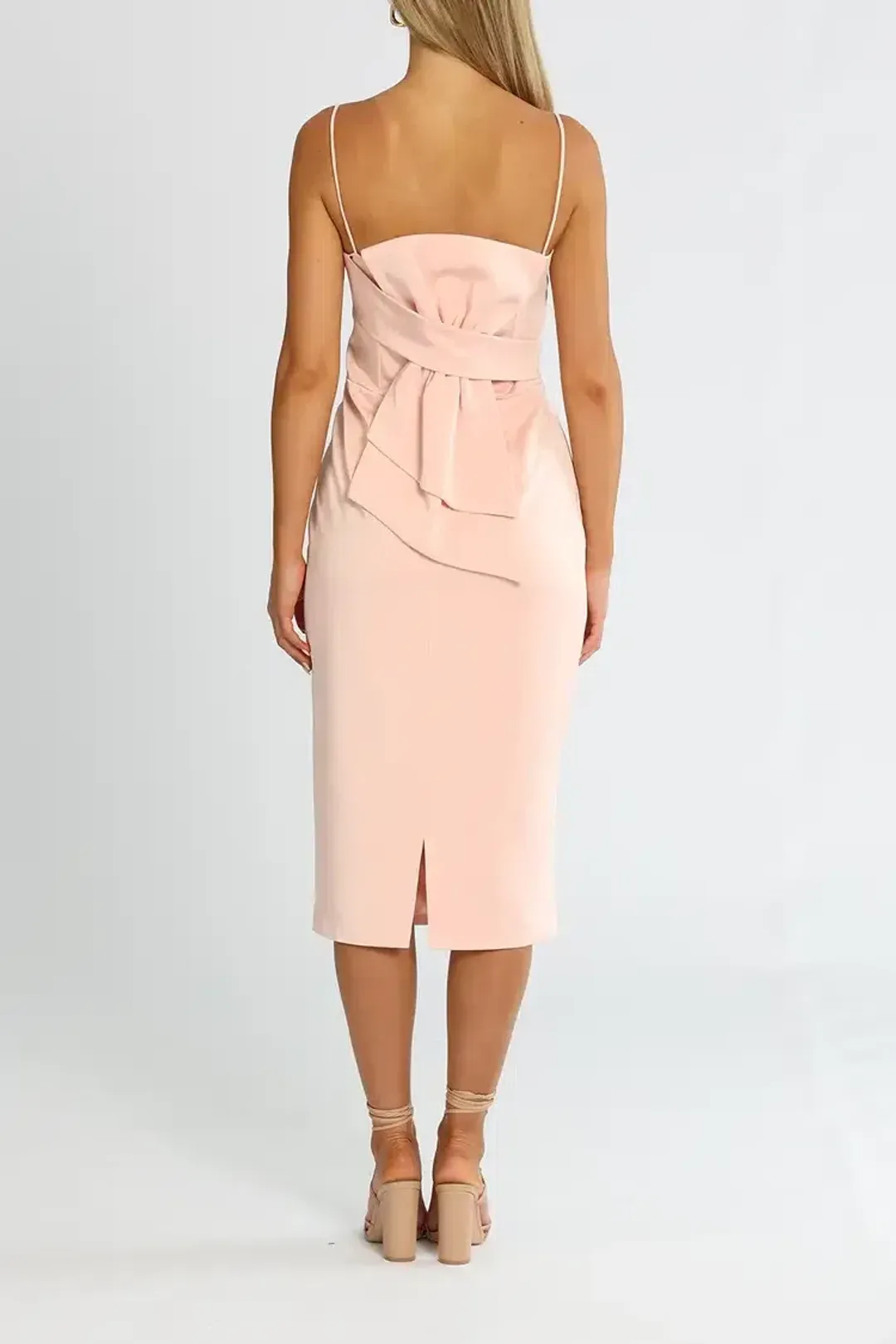 Elle Zeitoune Satin Midi Dress With Large Bow in Pastel Pink Size 12 for rent on The Volte - main image