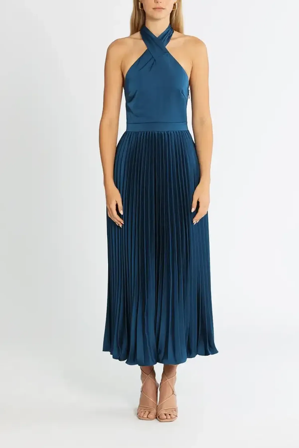 Elle Zeitoune Pleated Halter Midi Dress in Blue Size 8 - Image 1