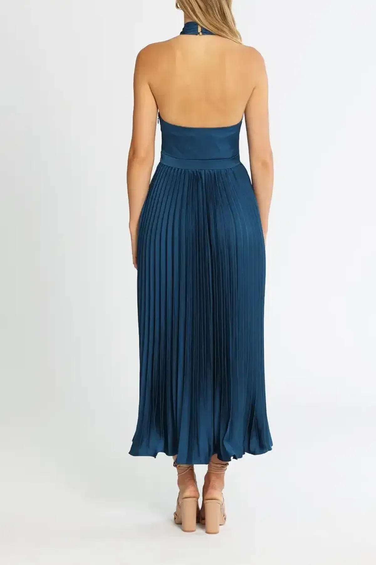 Elle Zeitoune Pleated Halter Midi Dress in Blue Size 8 - Image 3