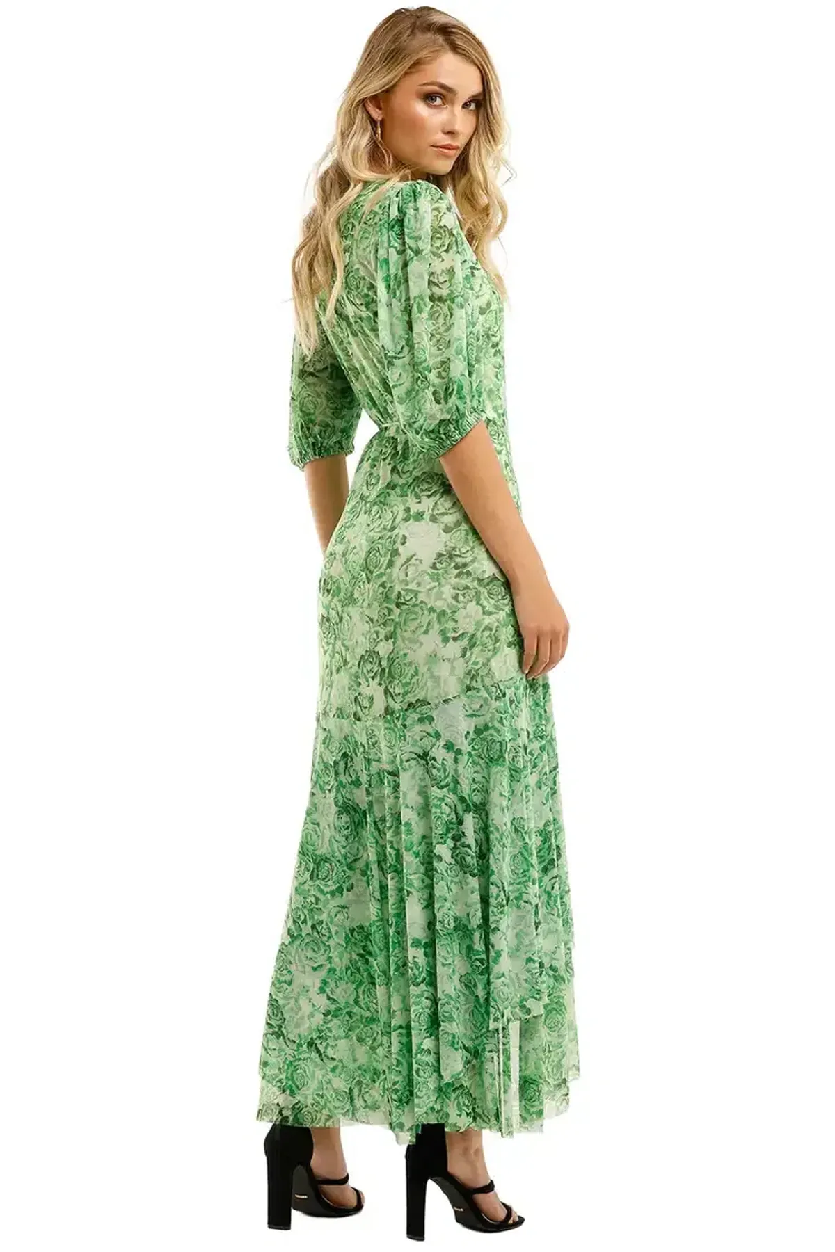 Ganni Printed Mesh Long Dress in Island Green Size 10 - Image 3