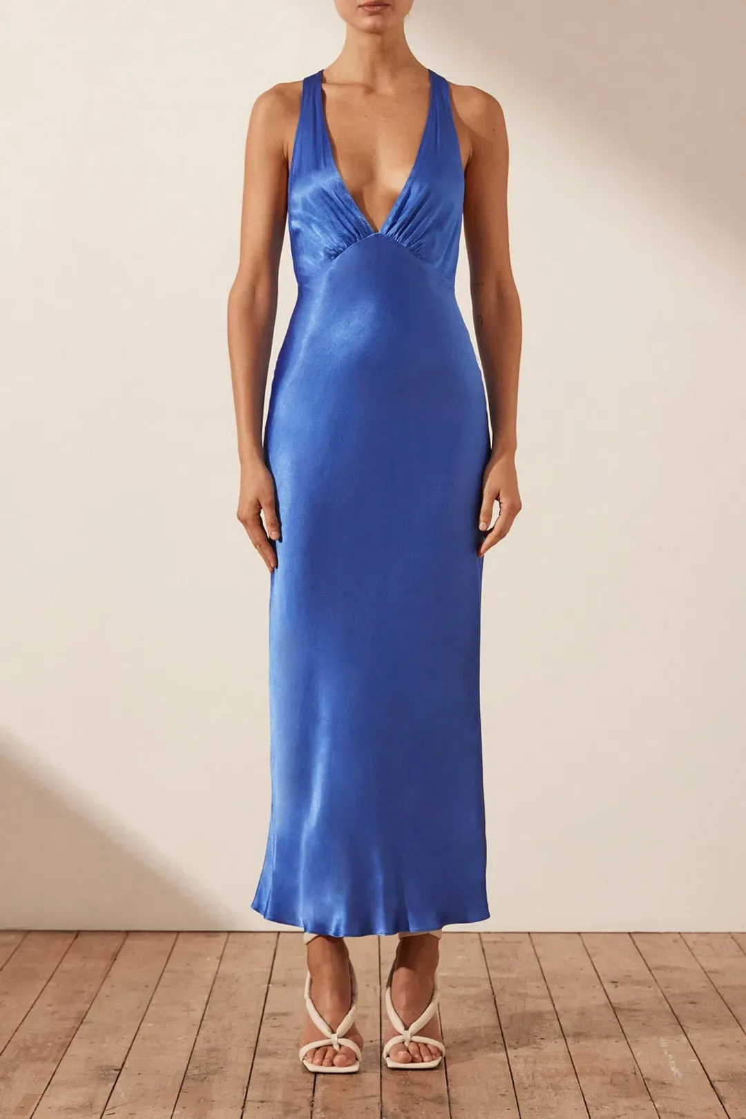 Shona Joy Oliviera Plunged Cross Back Midi Dress Strong Blue Size 6 for rent on The Volte - main image