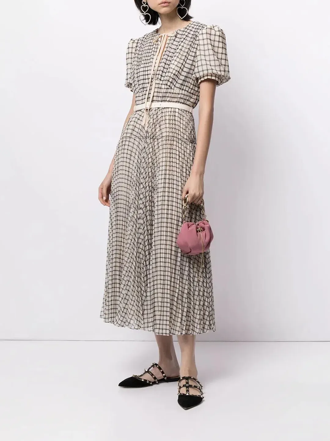 Self Portrait Belted Checked Chiffon Midi Dress Beige Multi Size 12 for rent on The Volte - main image