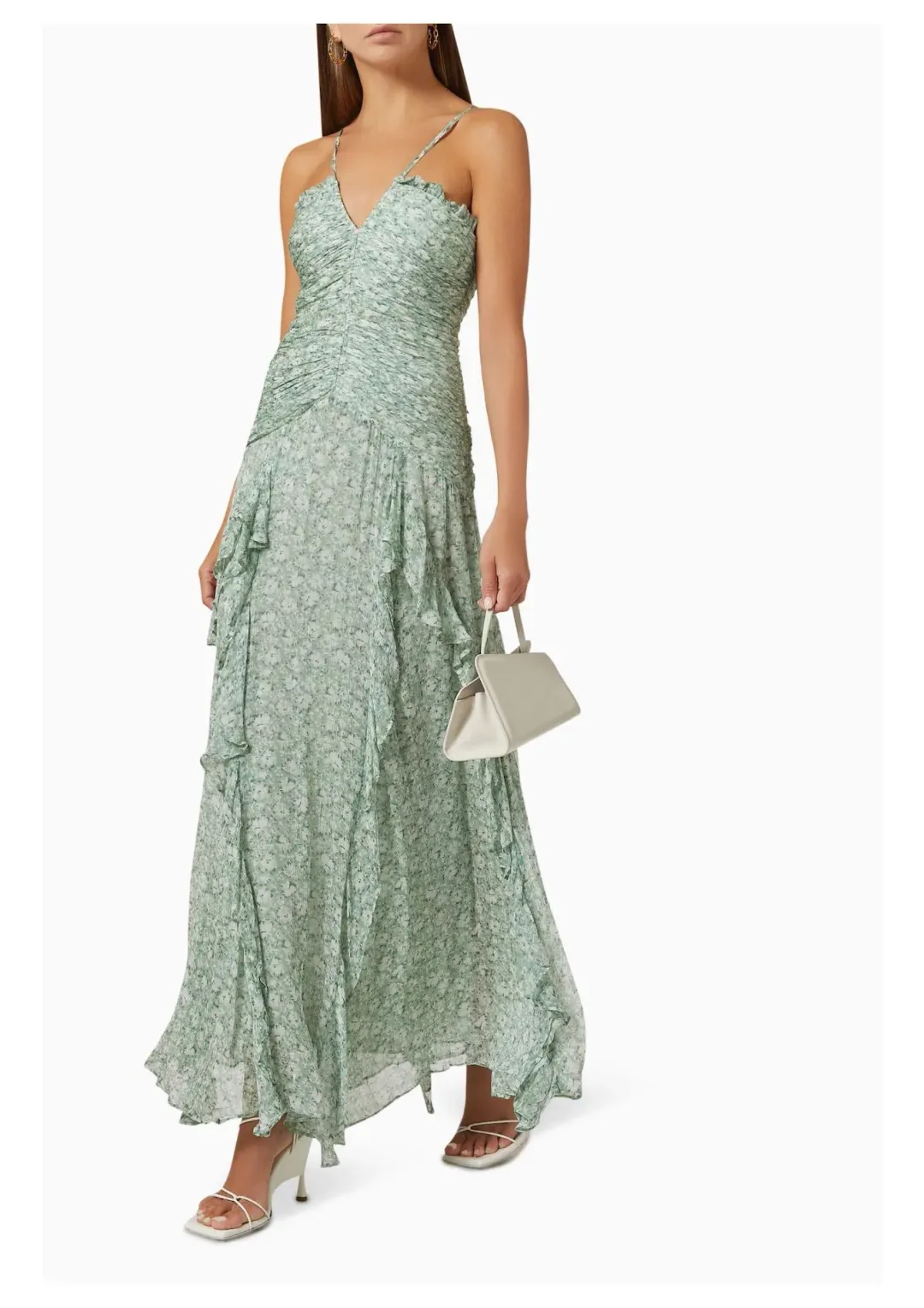 Shona Joy Aurore Ruched Frill Maxi Dress Green Floral Size AU 6 for rent on The Volte - main image