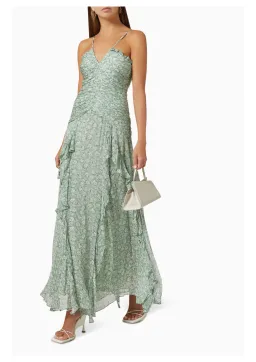 Shona Joy Aurore Ruched Frill Maxi Dress Green Floral Size AU 6 for rent on The Volte - image 1