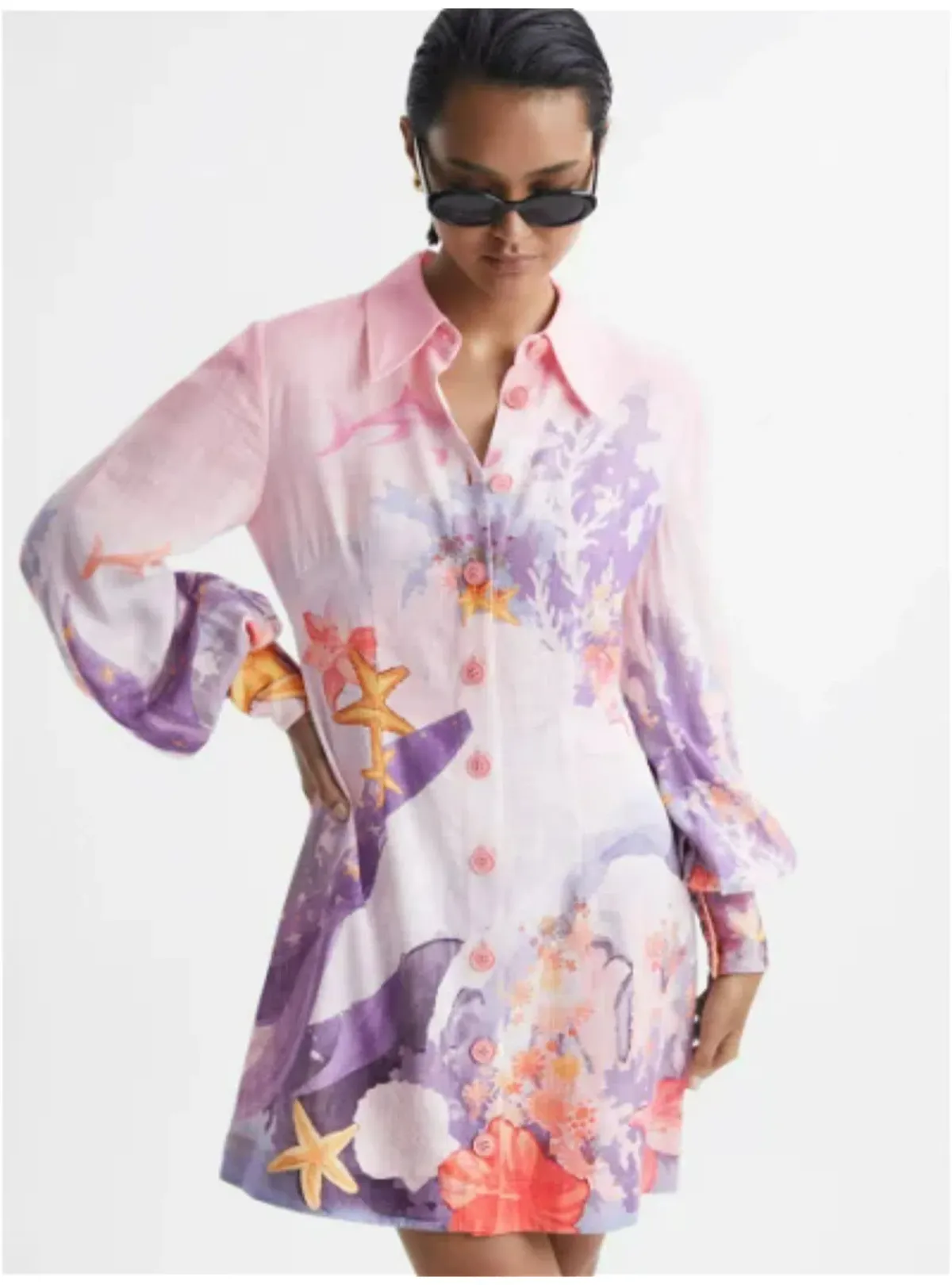 Leo Lin Luminous Mini Dress Neptune Placement Print in Coral Size AU 8 - Image 2