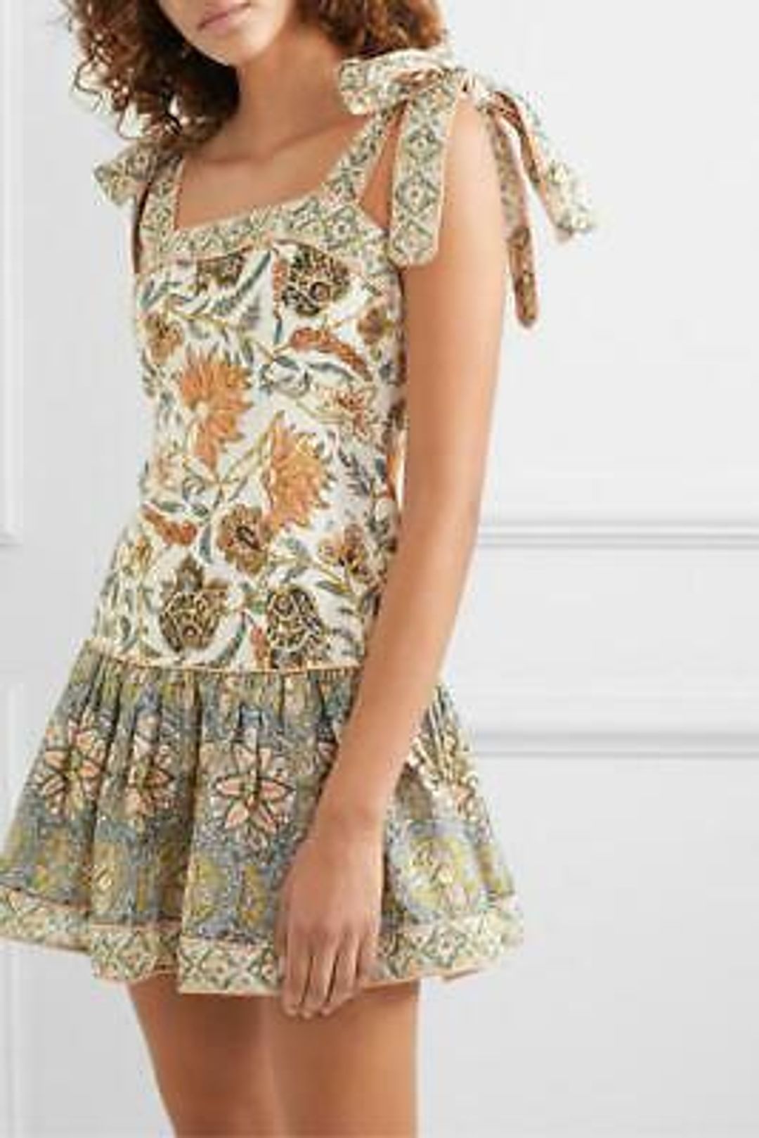 Zimmermann Edie Tie Mini Dress Cream Paisley Size 6 for rent on The Volte - main image